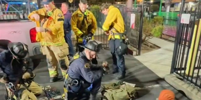 Firefighters gear up to rescue four teenage girls who were trapped 65 feet in the air on a roller coaster in North Highlands, California.