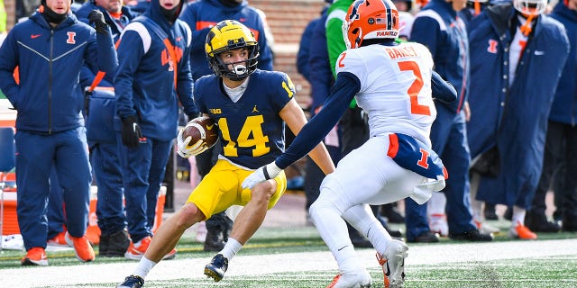 Roman Wilson (14) of the Michigan Wolverines rushes against Matthew Bailey (2) of the Illinois Fighting Illini during the first half at Michigan Stadium Nov. 19, 2022, in Ann Arbor, Mich.