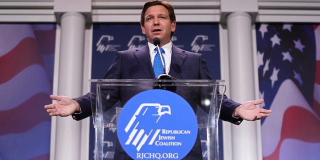 Florida Gov. Ron DeSantis speaks at an annual leadership meeting of the Republican Jewish Coalition Saturday, Nov. 19, 2022, in Las Vegas. (AP Photo/John Locher)