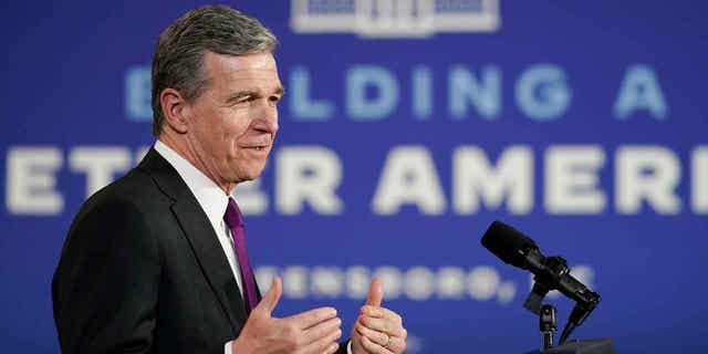 North Carolina Gov. Roy Cooper speaks at North Carolina Agricultural and Technical State University in Greensboro on April 14, 2022.
