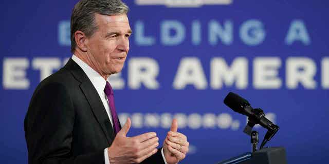 North Carolina Gov. Roy Cooper speaks at North Carolina Agricultural and Technical State University in Greensboro on April 14, 2022.