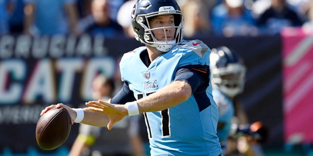 Tennessee Titans quarterback Ryan Tannehill throws during the first half of a game against the Indianapolis Colts at Nissan Stadium in Nashville on October 23, 2022.