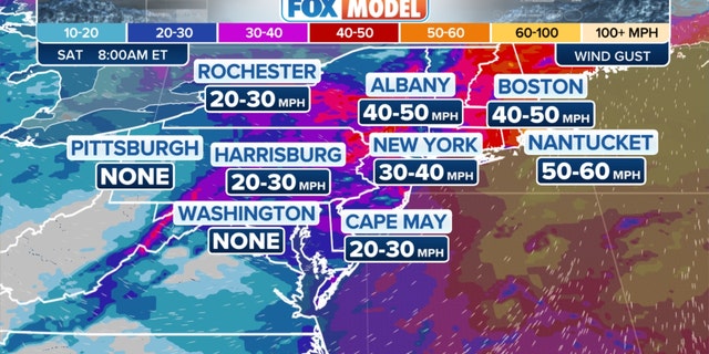 A Fox model of weather across the East Coast on Saturday morning