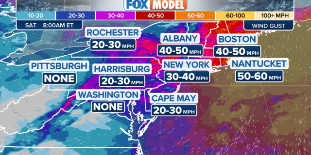 A Fox model of weather across the East Coast on Saturday morning