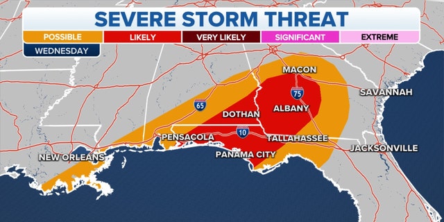The threat of severe storms in the Southeast, over the Gulf Coast