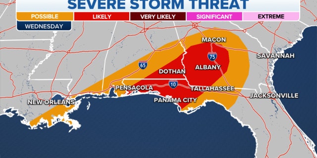 The threat of severe storms in the Southeast, over the Gulf Coast