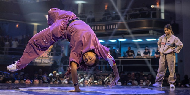 Logistix (left) of the USA competes against India of the Netherlands during the Red Bull BC One World Final at the Manhattan Center in New York City on November 12, 2022.
