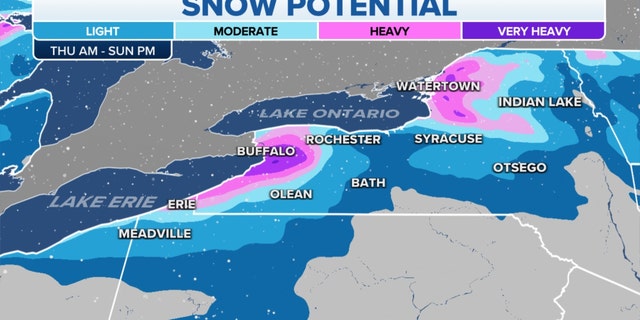 The potential for snow around Lake Ontario and Lake Erie on Thursday