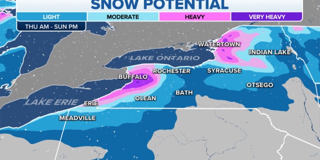 The potential for snow around Lake Ontario and Lake Erie on Thursday