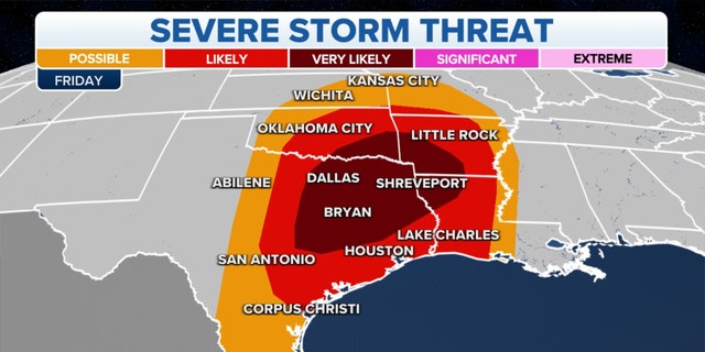 The threat of severe storms in the Plains, Mississippi Valley on Friday
