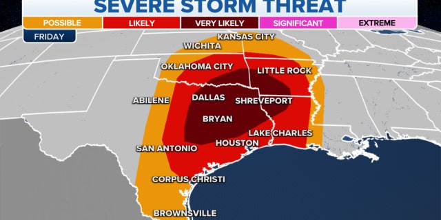 The threat of severe storms in the Plains, Mississippi Valley on Friday