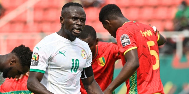 Senegal forward Sadio Mané reacts during a Group B Africa Cup of Nations 2021 soccer match against Guinea at Stade de Kouekong in Bafoussam Jan. 14, 2022.
