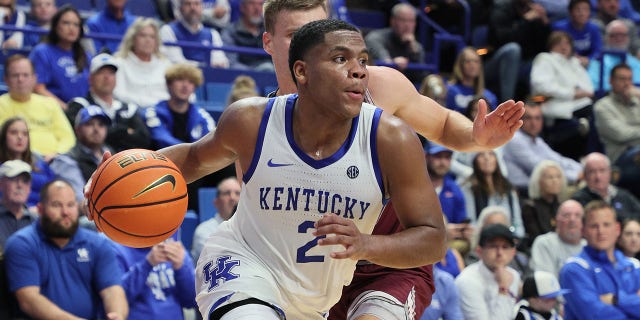 Sahvir Wheeler, #2 of the Kentucky Wildcats, dribbles the ball against the Bellarmine Knights at Rupp Arena on Nov. 29, 2022 in Lexington, Kentucky.