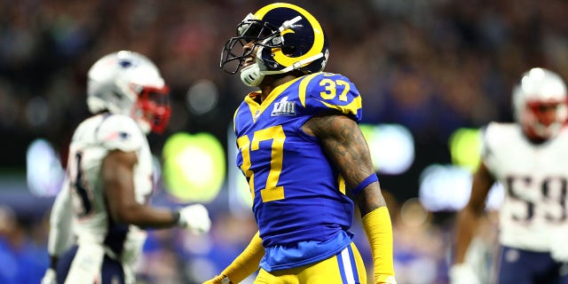 Sam Shields of the Los Angeles Rams reacts against the New England Patriots in the first quarter during Super Bowl LIII at Mercedes-Benz Stadium Feb 3, 2019, in Atlanta.