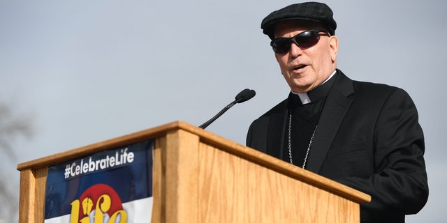 Denver's Archbishop Samuel Aquila, who has not offered public comment on the guidance, delivers a speech at the Celebrate Life rally and march in front of the Colorado State Capitol on Jan. 3, 2018.