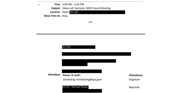 A mostly-redacted internal email shows Regan delivered remarks to the NRDC's board meeting on Oct. 15, 2021.