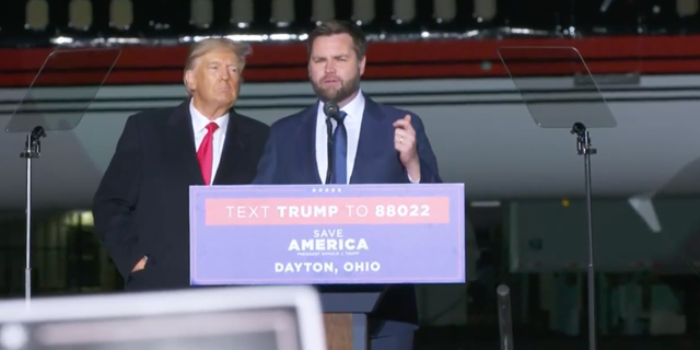 JD Vance speaking in Dayton, Ohio, on Monday alongside former President Trump.