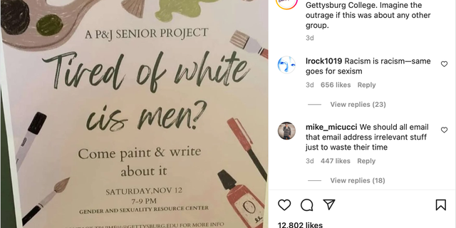 Fox News Digital screenshot of an Old Row Instagram post showing a flyer promoting a Gettysburg College senior "P&J" Event for participants to write and draw about how they are doing "tired of white cis men."