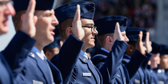 U.S. Air Force trainees take the Air Force oath as they graduate Basic Military training.