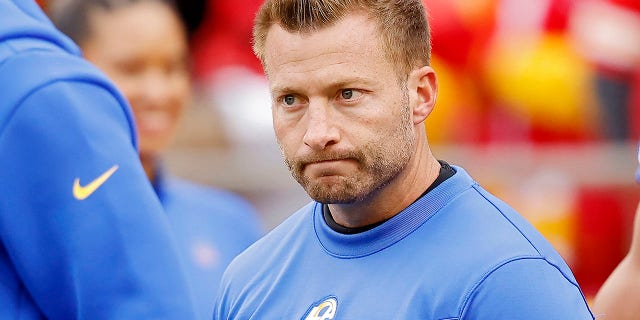 Los Angeles Rams head coach Sean McVay reacts before a game against the Kansas City Chiefs at Arrowhead Stadium on November 27, 2022 in Kansas City, Missouri.