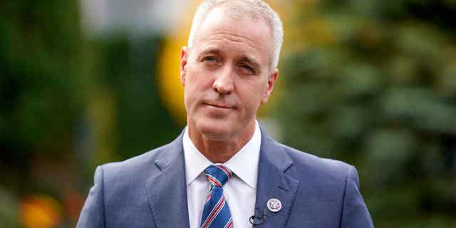 Rep. Sean Patrick Maloney speaks to a reporter before an event in Armonk, New York, Oct. 26, 2022.