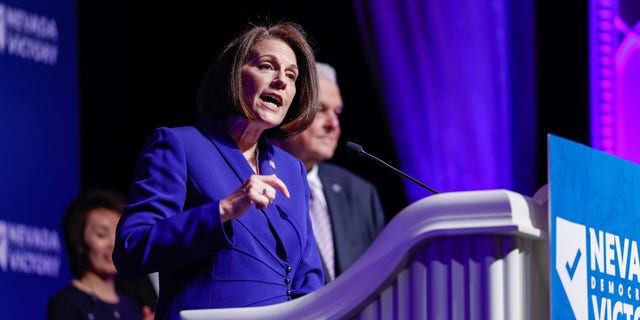 Sen. Catherine Cortez Masto speaks at a election night party hosted by Nevada Democratic Victory at The Encore on Nov. 8, 2022, in Las Vegas.