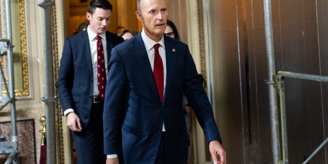 Sen. Rick Scott, R-Fla., leaves the Senate Republicans lunch in the U.S. Capitol in Washington on Tuesday, Nov. 15, 2022.