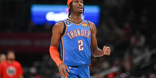 Oklahoma City Thunder guard Shai Gilgeous-Alexander reacts after a basket against the Wizards at Capital One Arena on Nov. 16, 2022, in Washington, D.C.