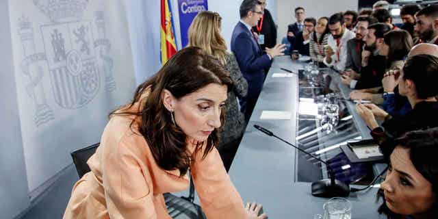 Spain's Minister of Justice, Pilar Llop, at a press conference at La Moncloa Palace, on Nov. 29, 2022, in Madrid, Spain. Llop announced a new bill has been proposed to help migrants who are at risk to human trafficking.