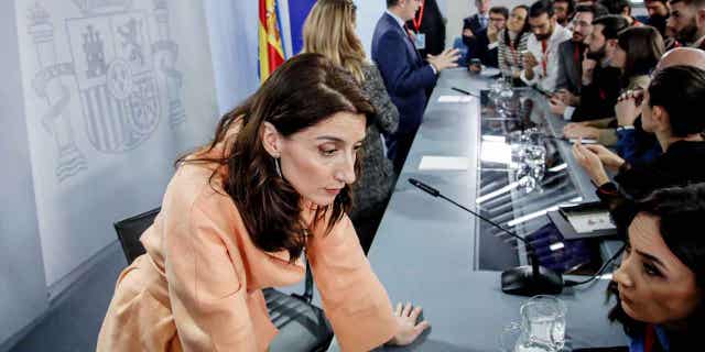 The Minister of Justice of Spain, Pilar Llop, at a press conference at the Palau de la Moncloa, on November 29, 2022, in Madrid, Spain. Llop announced that a new bill has been proposed to help migrants who are at risk of human trafficking.
