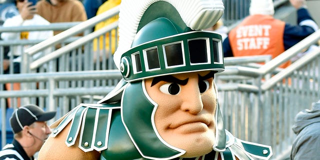 Michigan State Spartan mascot Sparty poses during the Michigan State Spartans versus Penn State Nittany Lions game on November 26, 2022 at Beaver Stadium in University Park, PA.