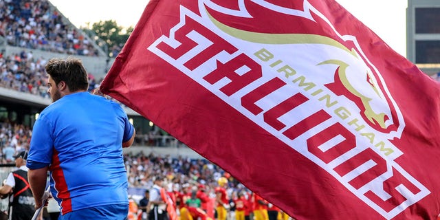 A Birmingham Stallions banner is waved after the team scored during the USFL Championship game on July 3, 2022, in Canton.