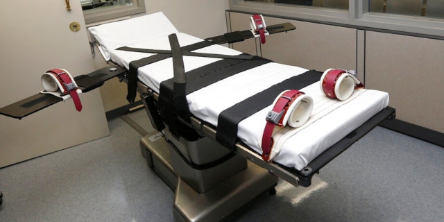 This photo shows the gurney in the execution chamber at the Oklahoma State Penitentiary in McAlester, Okla., on Oct. 9, 2014.