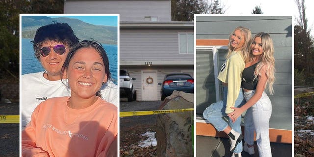 Une photo fractionnée montrant la scène du crime et les victimes, dont les étudiants de l'Université de l'Idaho Ethan Chapin, 20 ans;  Xana Kernodle, 20 ans ;  Madison Mogen, 21 ans;  et Kaylee Gonçalves, 21 ans.