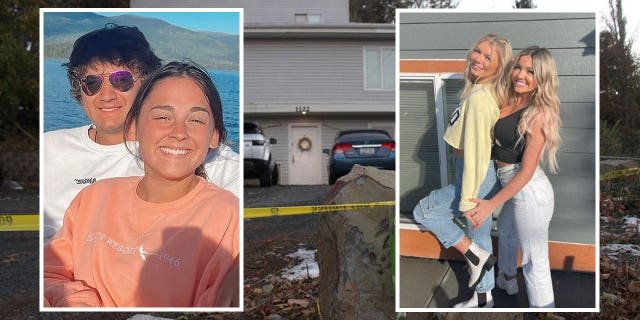 A split photo showing the crime scene and the victims: University of Idaho students Ethan Chapin, Xana Kernodle, Madison Mogen and Kaylee Goncalves.