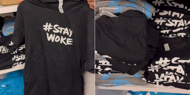 A split image of the "woke" t-shirts found in a closet at Twitter headquarters.