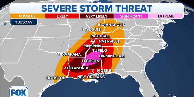 Severe storm threats in the Mississippi, Tennessee Valleys
