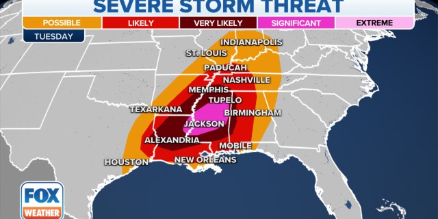 Severe storm threats in the Mississippi, Tennessee Valleys