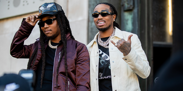 Takeoff and Quavo of Migos are seen outside Rick Owens during Paris Fashion Week on Jan. 16, 2020, in Paris.