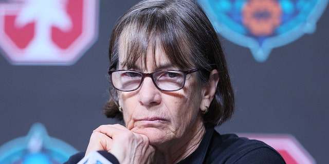 Stanford women’s basketball coach Tara VanDerveer speaks to reporters before a practice session with the team at Target Center in Minneapolis, Minnesota, on March 31, 2022.