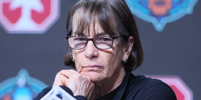 Head manager Tara VanDerveer of the Stanford Cardinal speaks to reporters earlier a signifier league with the squad astatine Target Center connected March 31, 2022 successful Minneapolis, Minnesota. The Stanford Cardinal volition play the UConn Huskies connected April 1, 2022.