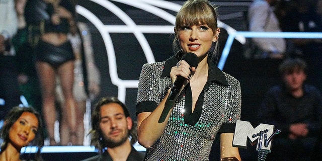 Taylor Swift accepts an award onstage during the MTV Europe Music Awards at PSD Bank Dome on Nov. 13, 2022, in Duesseldorf, Germany.