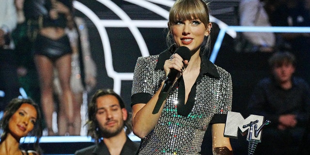 Taylor Swift accepts an award onstage during the MTV Europe Music Awards at PSD Bank Dome on Nov. 13, 2022, in Duesseldorf, Germany.