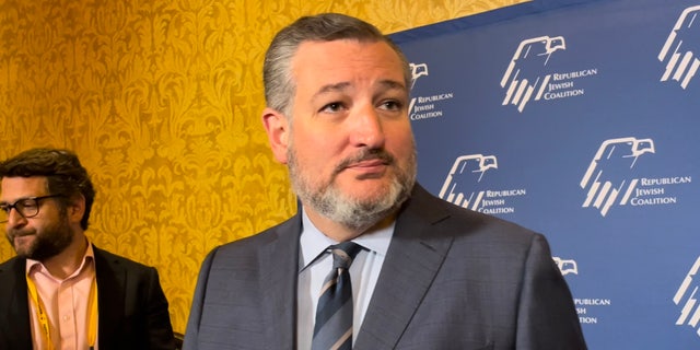 Senator Ted Cruz of Texas answers reporters' questions at the annual Republican Jewish Coalition leadership meeting November 19, 2022 in Las Vegas, Nevada
