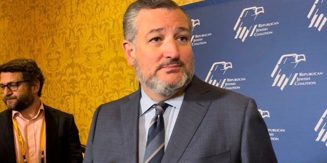 Sen. Ted Cruz of Texas takes questions from reporters at the Republican Jewish Coalition's annual leadership meeting, on Nov. 19, 2022 in Las Vegas, Nevada