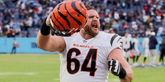 Ted Karras of the Cincinnati Bengals celebrates after defeating the Tennessee Titans at Nissan Stadium on Nov. 27, 2022, in Nashville, Tennessee.