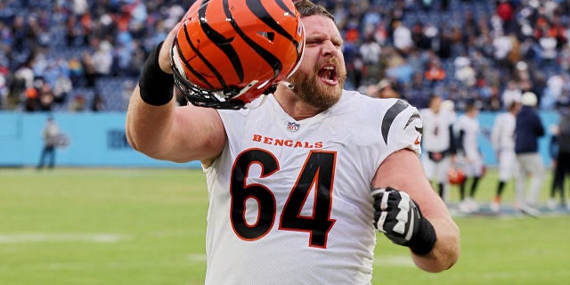 Ted Karras of the Cincinnati Bengals celebrates after defeating the Tennessee Titans at Nissan Stadium on Nov. 27, 2022, in Nashville, Tennessee.