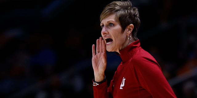 Indiana head coach Teri Moren yells at her players during the first half of an NCAA college basketball game against Tennessee, Monday, Nov. 14, 2022, in Knoxville, Tennessee.