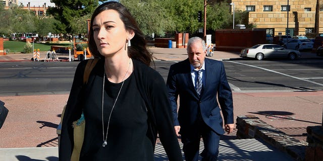 Laney Sweet, left, widow of Daniel Shaver, arrives on Oct. 25, 2017, at Superior Court in Phoenix with her attorney for opening statements in the trial of former officer Philip Brailsford, who is charged with murder in the fatal 2016 shooting of  unarmed Shaver.