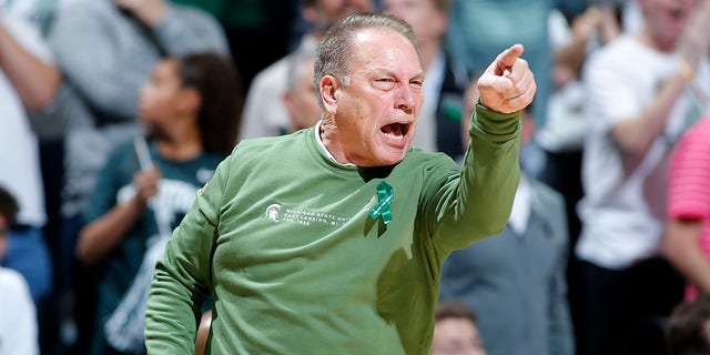 Michigan State coach Tom Izzo reacts during the first half of an NCAA college basketball game against Villanova, Friday, Nov. 18, 2022, in East Lansing, Mich. 